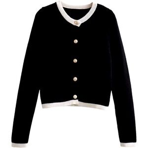 Commense Cardigan Sweater Knit Button Front Black White Trim‎ Small